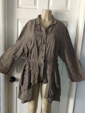 Women's Taupe Linen-Blend Asymmetric Tie-Waist Trench Tunic Pit To Pit 25 Inch